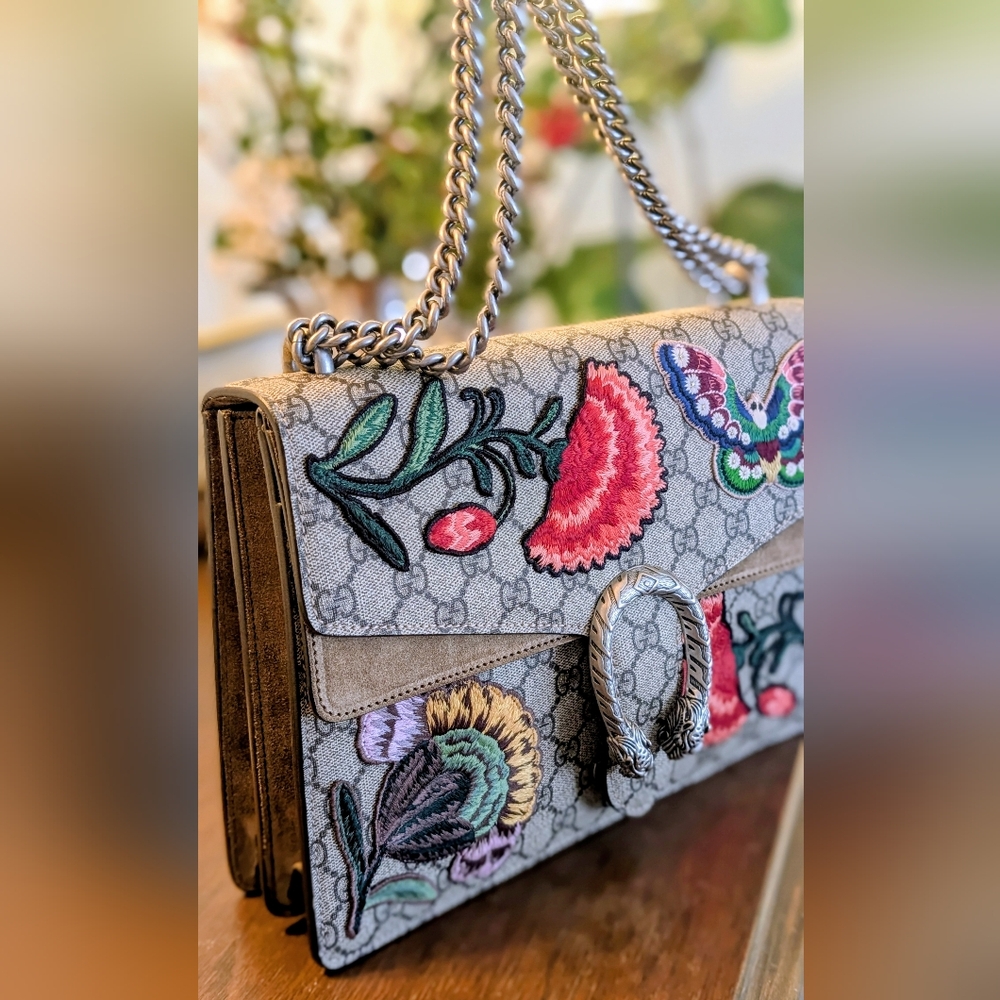 Gucci GG Supreme Canvas Embroidered Butterfly/Flowers Dionysus Shoulder Bag - Picture 12 of 14